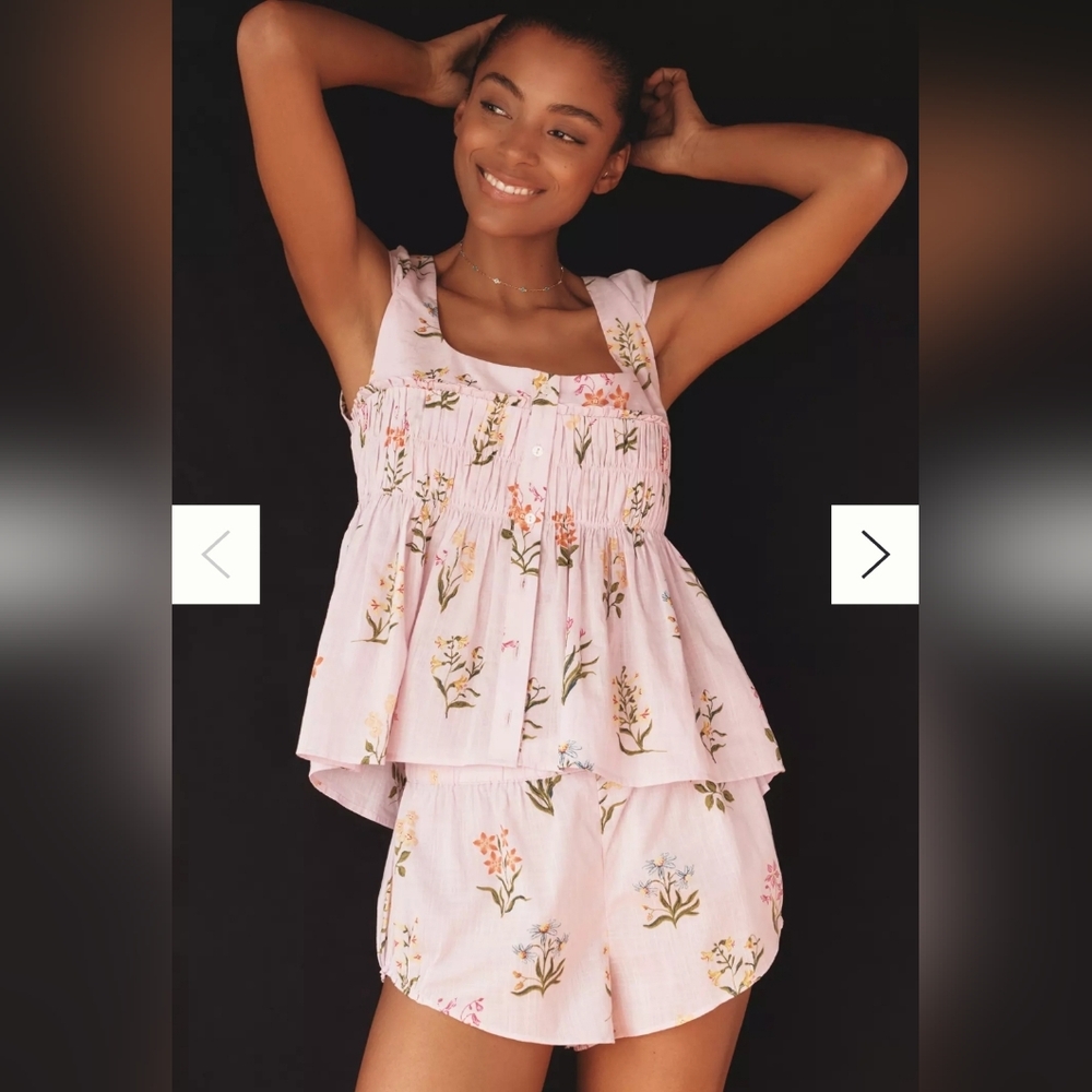 NWT Anthropologie Women’s Pink Floral Smocked Tank & Shorts Sleep Set Size L XL - Picture 2 of 13